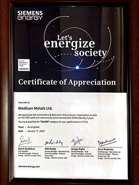 Certificate of Appreciation from Siemens Energy